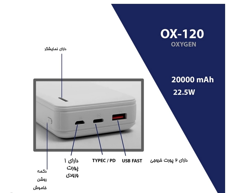 پاوربانک اکسیژن مدل OX120 ظرفیت 20000 میلی‌ آمپر