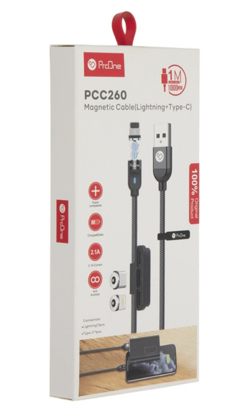 کابل تبدیل مغناطیسی USB به USB-C/لایتنینگ پرووان مدل PCC260 طول 1 متر